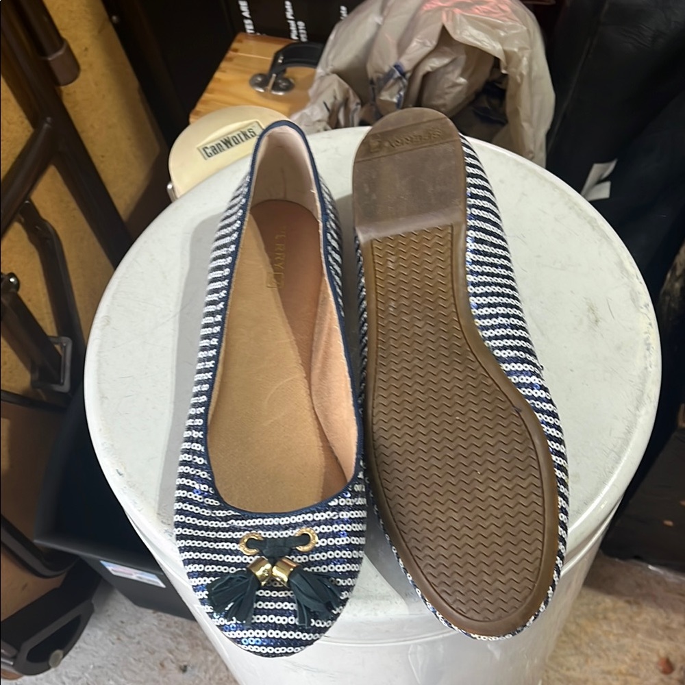 Sperry Navy and White Striped Flats with Tassels